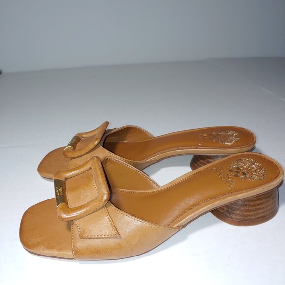 Vince Camuto Ladea Slip On Leather Buckle Sandals Golden Walnut Brown Sz 8.5 - Picture 3 of 10